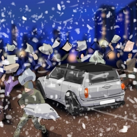 Pillow fight on the street